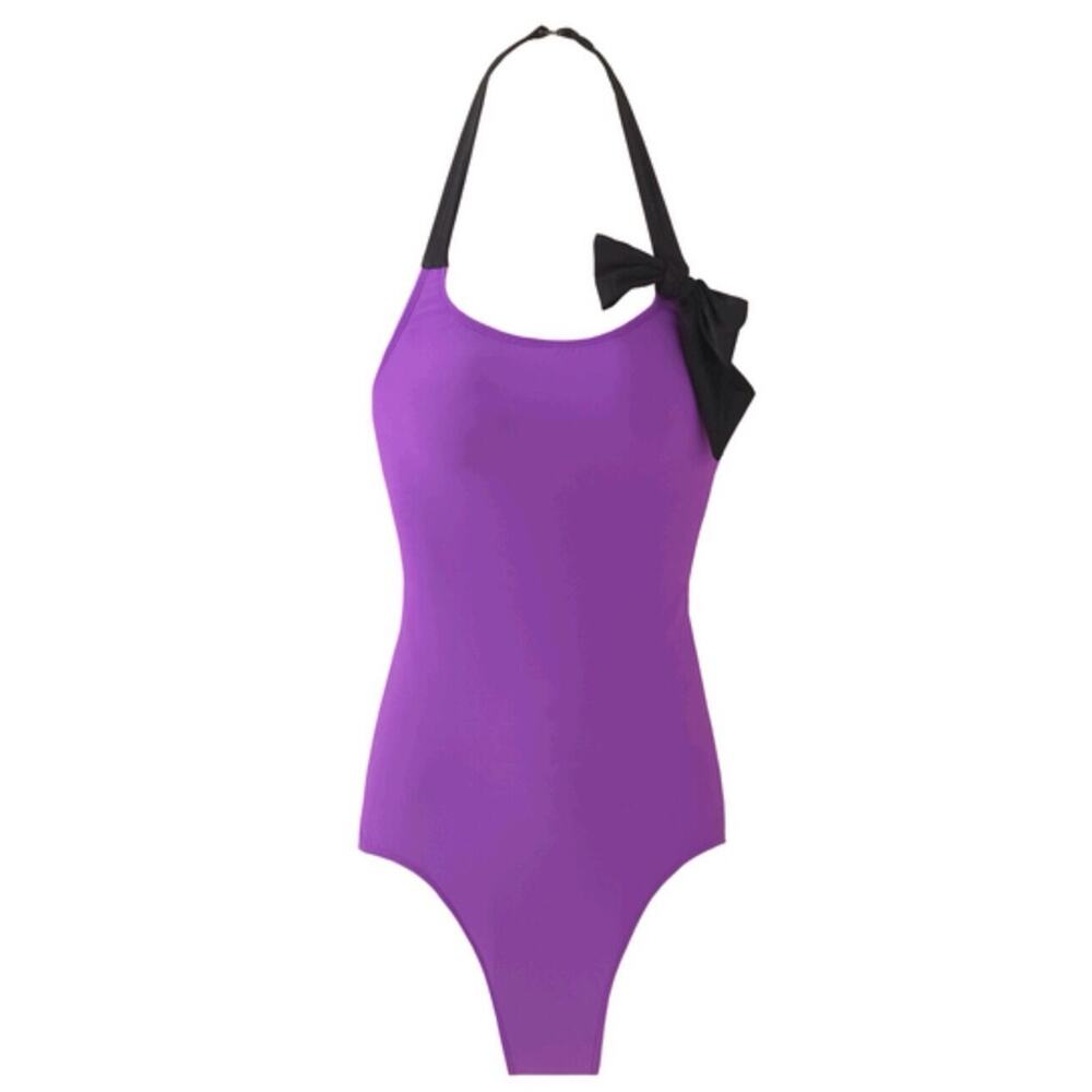 NEW Womens Newport News One Piece Purple Halter Swimsuit with Black Bow Size 8